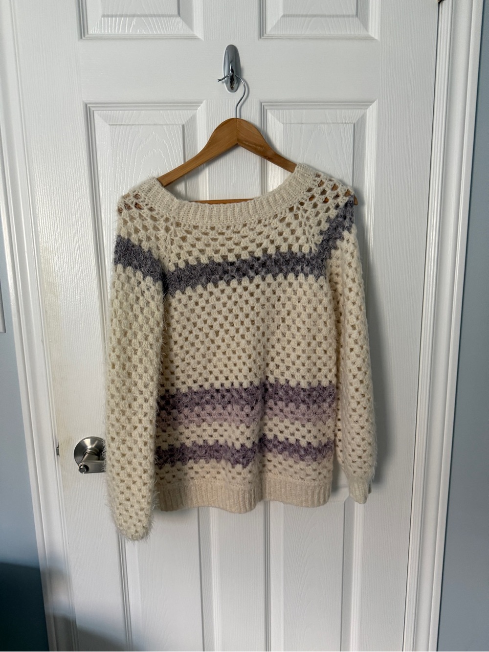 Cozy Cream Knit Sweater with Purple Stripes